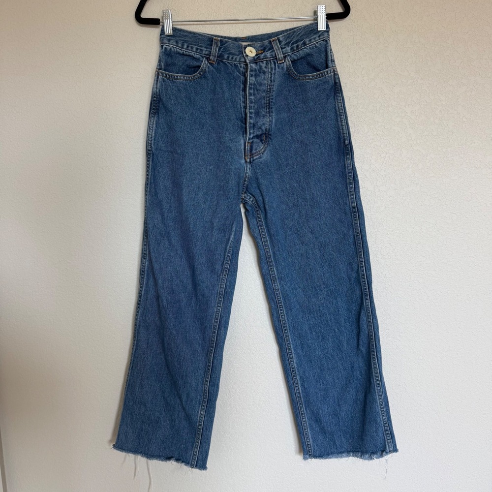Jesse Kamm California Slim Blue Denim High Rise Straight Leg Raw Hem Jeans 8